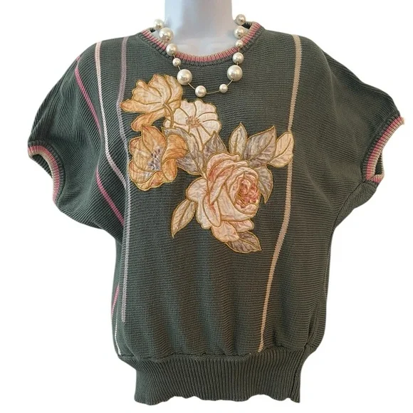 Vintage 80s Calico Floral Appliqué Sweater Top Cottagecore Preppy Knit Blouse - Picture 8 of 8